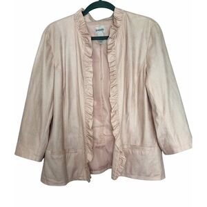 Chicos Size 2 Pale Pink Snake Print Ruffle Trim Lined Blazer Open Front Jacket